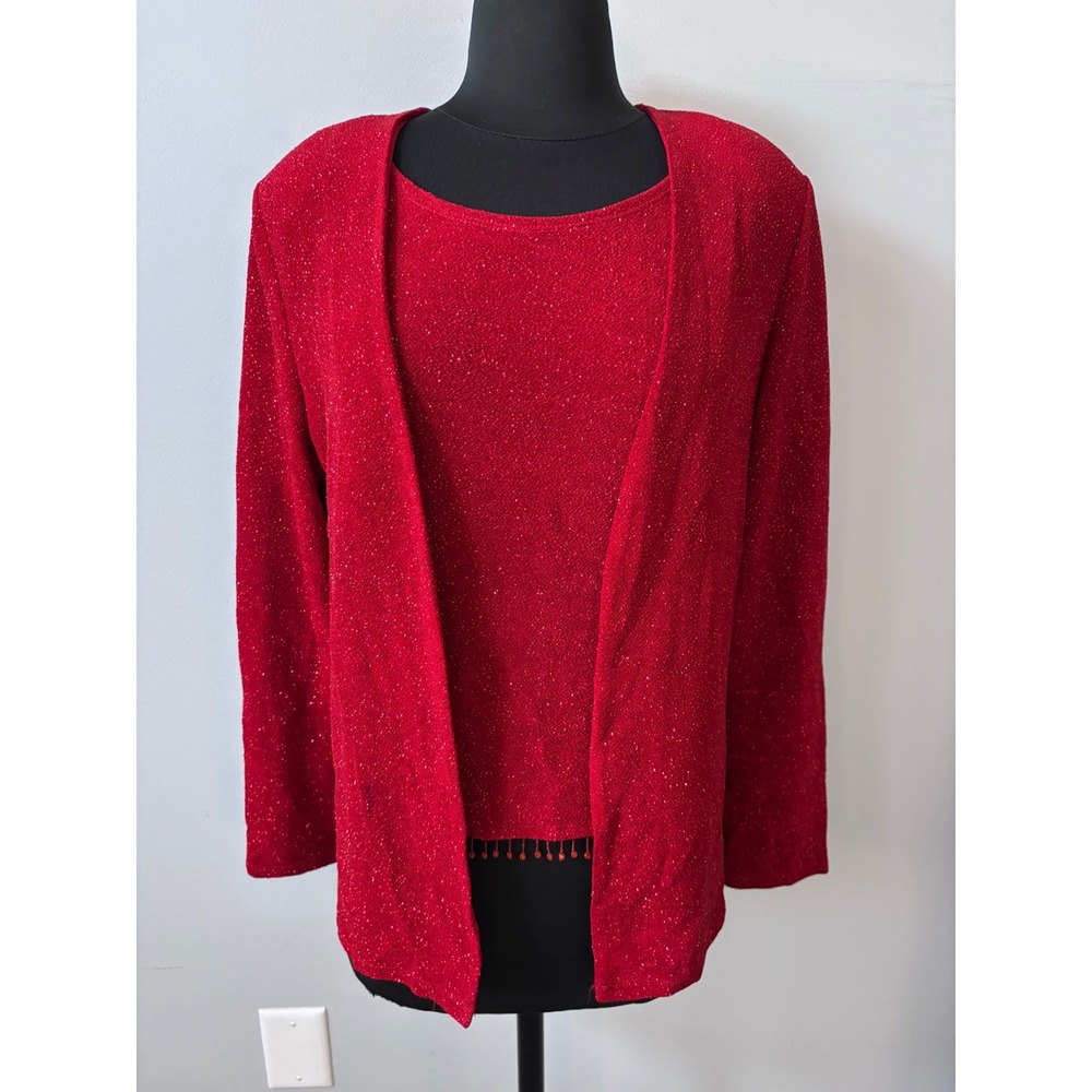 Dress Barn Red Sparkle Glitter Knit Two Piece Set Top Cardigan Women's L